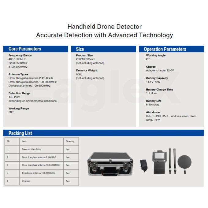 Handheld 3000 Meter FPV DJI Drone Detector 400MHz 2.4GHz 5.2G 5.8G Deteksi Portable 0
